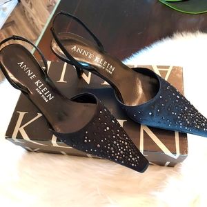 Anne Klein New York: Rhinestone Halter Heel Slides : Black Satin Griffin. NWB.